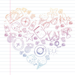 Travel vector pattern. Adventure, beach, tropical design.