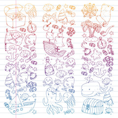 Ocean and sea for children. Pattern for boys. Pirate party. Cute fishes, animals, treasures. Kids vacation pattern, beach toys and elements.