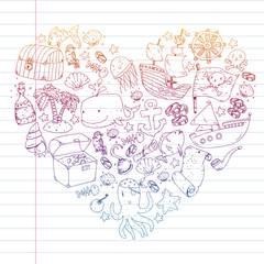 Ocean and sea for children. Pattern for boys. Pirate party. Cute fishes, animals, treasures. Kids vacation pattern, beach toys and elements.