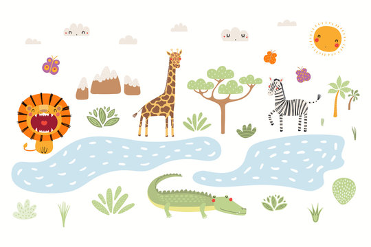 Hand drawn vector illustration of cute animals lion, zebra, crocodile, giraffe, African landscape. Isolated objects on white background. Scandinavian style flat design. Concept for children print.