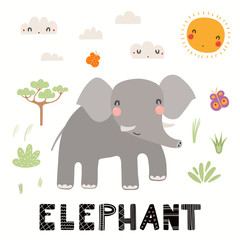 Hand drawn vector illustration of a cute elephant, African landscape, with text. Isolated objects on white background. Scandinavian style flat design. Concept for children print.