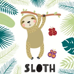  Hand drawn vector illustration of a cute sloth among tropical plants leaves, with text. Isolated objects on white background. Scandinavian style flat design. Concept for children print. © Maria Skrigan
