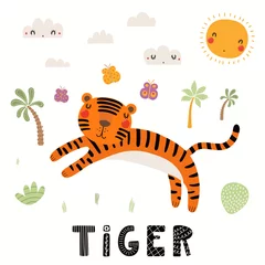 Foto op Plexiglas Hand getekende vectorillustratie van een schattige tijger, tropisch landschap, met tekst. Geïsoleerde objecten op een witte achtergrond. Scandinavische stijl plat ontwerp. Concept voor kinderen afdrukken. © Maria Skrigan