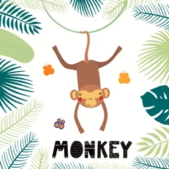  Hand getekende vectorillustratie van een schattige aap onder tropische planten bladeren, met tekst. Geïsoleerde objecten op een witte achtergrond. Scandinavische stijl plat ontwerp. Concept voor kinderen afdrukken. © Maria Skrigan