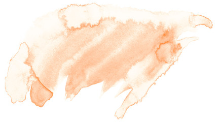 Light orange watercolor hand-drawn isolated wash stain on white background for text, design. Abstract texture made by brush for wallpaper, label.