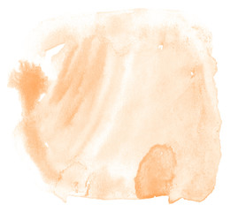 Light orange watercolor hand-drawn isolated wash stain on white background for text, design. Abstract texture made by brush for wallpaper, label.