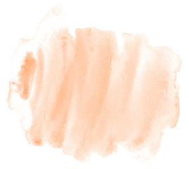 Light orange watercolor hand-drawn isolated wash stain on white background for text, design. Abstract texture made by brush for wallpaper, label.