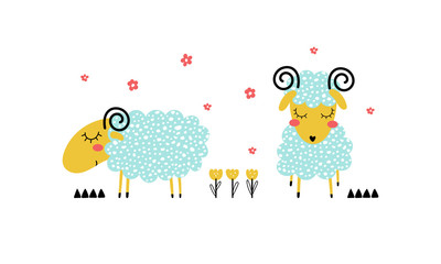 Vector illustration of cartoon happy sheeps