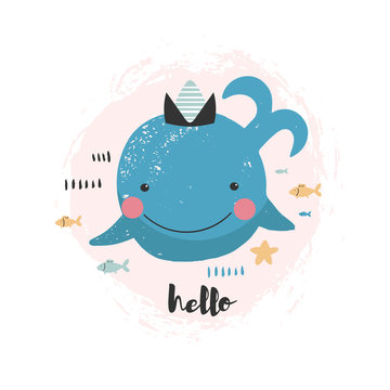 Illustration with cute smiling whale