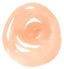 Fototapeta premium Light orange watercolor hand-drawn isolated wash stain on white background for text, design. Abstract texture made by brush for wallpaper, label.
