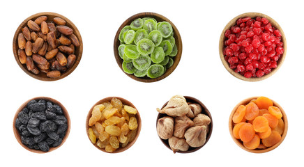 Set of different bowls with delicious dried fruits on white background, flat lay
