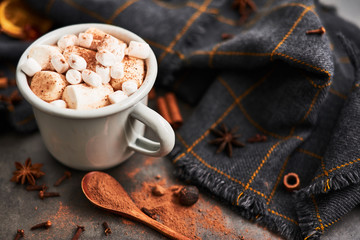 Hot cocoa drink with marshmallows in retro mug surrounded by ingredients: cinnamon, orange, anis and cove on black concrete table. Winter drink. Top view. Copy space for text.