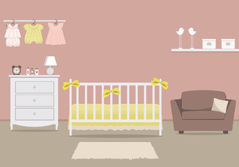 Kid's room for a newborn baby. Interior bedroom for a baby girl in a pink color. There is a cot, dresser, armchair, baby clothes and other things in the picture. Vector illustration