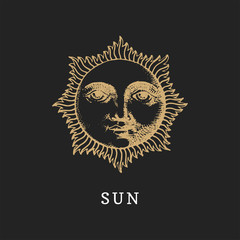The Sun, hand drawn in engraving style. Vector graphic retro illustration.