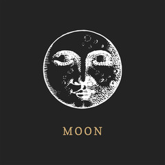 The Moon, hand drawn in engraving style. Vector graphic retro illustration.