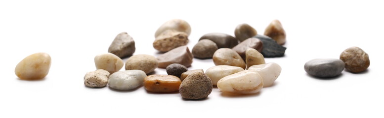 Colorful decorative pebbles, rocks isolated on white background