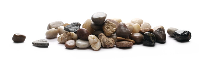 Colorful decorative pebbles, rocks isolated on white background