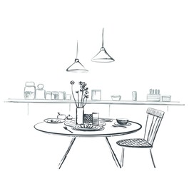 Handgezeichnete Innenskizze. Küche mit Tisch, Geschirr, vier Stühlen, Fenster, Schrank. © pylypchuk25