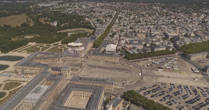 Paris France Aerial v79� Versailles cityscape to Palace birdseye to vertical over Cour d�Honneur 8/18