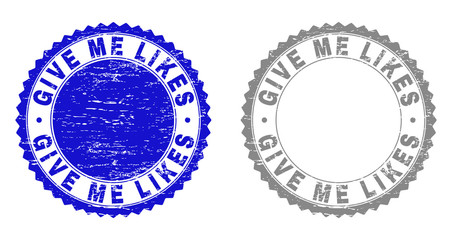 Grunge GIVE ME LIKES stamp seals isolated on a white background. Rosette seals with grunge texture in blue and grey colors. Vector rubber stamp imitation of GIVE ME LIKES tag inside round rosette.