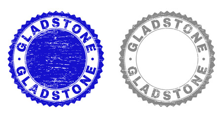 Grunge GLADSTONE stamp seals isolated on a white background. Rosette seals with grunge texture in blue and grey colors. Vector rubber watermark of GLADSTONE text inside round rosette.