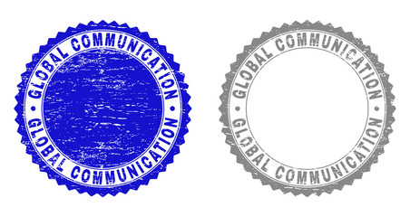 Grunge GLOBAL COMMUNICATION watermarks isolated on a white background. Rosette seals with grunge texture in blue and grey colors.