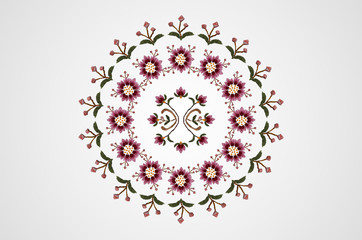 Oval pattern for embroidery satin stitch red pink cornflowers on wavy branches with leaves and berries on white background