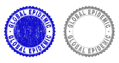 Grunge GLOBAL EPIDEMIC stamp seals isolated on a white background. Rosette seals with grunge texture in blue and grey colors. Vector rubber overlay of GLOBAL EPIDEMIC tag inside round rosette.