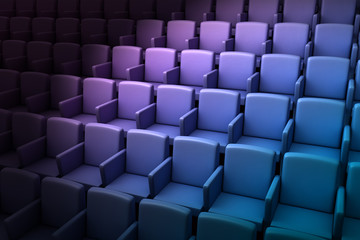 3d illustration of gradient colored empty chairs in cinema theater
