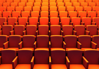 Fototapeta premium 3d illustration of empty orange chairs in cinema theater