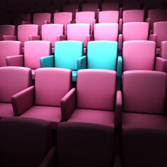 3d minimal pastel illustration of two blue chairs among pink chairs in empty cinema theater