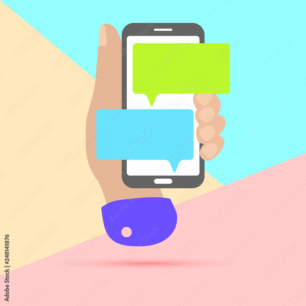 Poster flat lay modern minimal hand holding mobile phone with chat message notifications with shadow on pas