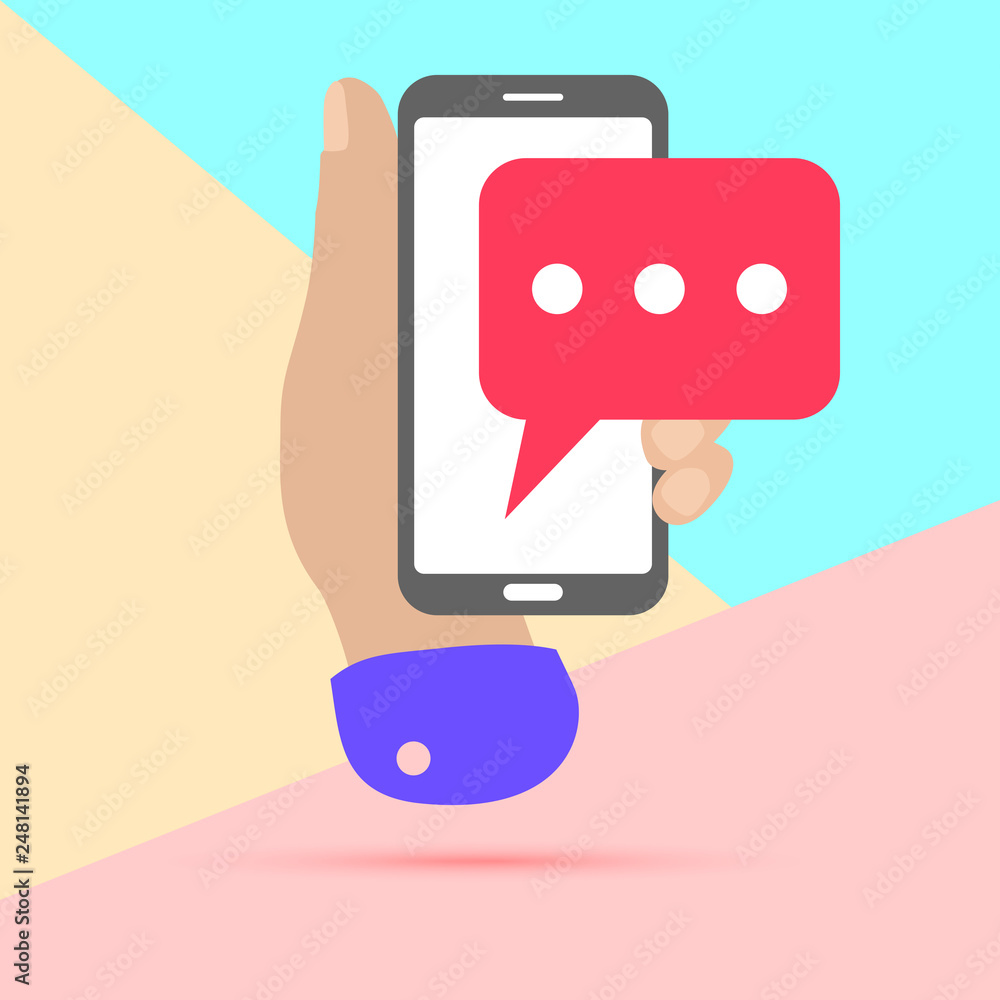 Poster flat lay modern minimal hand holding mobile phone with chat message notification with shadow on past