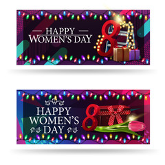 Two horizontal, modern, greeting Women's day banners with gifts, Tulip and garland