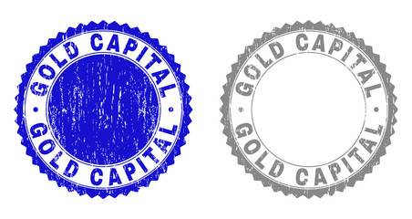 Obraz premium Grunge GOLD CAPITAL stamp seals isolated on a white background. Rosette seals with grunge texture in blue and gray colors. Vector rubber stamp imprint of GOLD CAPITAL tag inside round rosette.