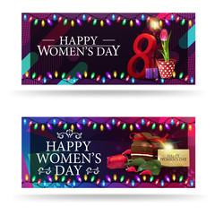 Two horizontal, modern, greeting Women's day banners with candy, rose and tulip in a bucket under a lantern