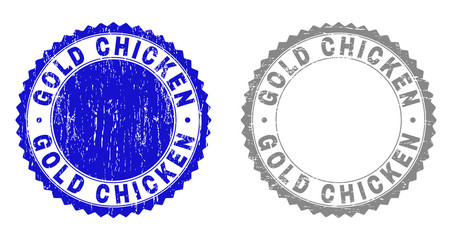 Grunge GOLD CHICKEN stamp seals isolated on a white background. Rosette seals with grunge texture in blue and gray colors. Vector rubber stamp imitation of GOLD CHICKEN tag inside round rosette.