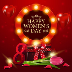 Women's day greeting red card template with gift and Tulip
