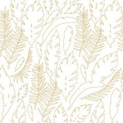 Naklejka na ściany i meble Tropical leaves with gold glittering seamless pattern on white background