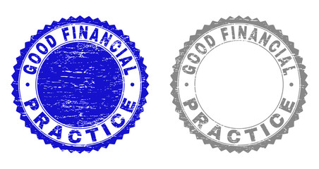 Grunge GOOD FINANCIAL PRACTICE stamp seals isolated on a white background. Rosette seals with grunge texture in blue and gray colors.