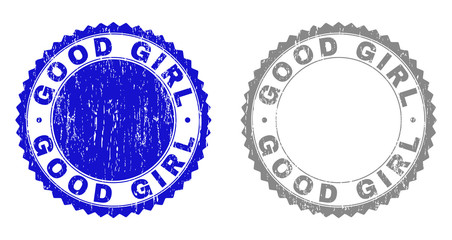 Grunge GOOD GIRL stamp seals isolated on a white background. Rosette seals with grunge texture in blue and gray colors. Vector rubber stamp imitation of GOOD GIRL label inside round rosette.