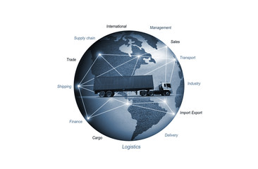 Abstract image of the world logistics, there are world map background and container truck