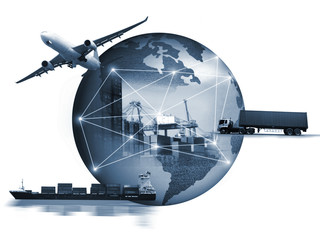 Abstract image of the world logistics, there are world map background and container truck, ship in...