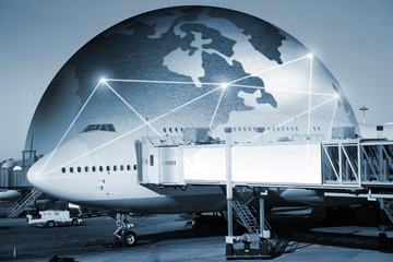 Abstract image of the world logistics, there are world map background and  airplane