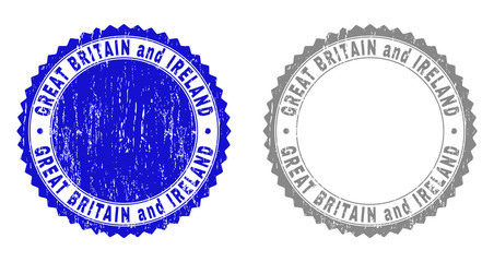 Grunge GREAT BRITAIN AND IRELAND stamp seals isolated on a white background. Rosette seals with grunge texture in blue and grey colors.