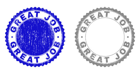 Grunge GREAT JOB stamp seals isolated on a white background. Rosette seals with grunge texture in blue and grey colors. Vector rubber stamp imitation of GREAT JOB tag inside round rosette.