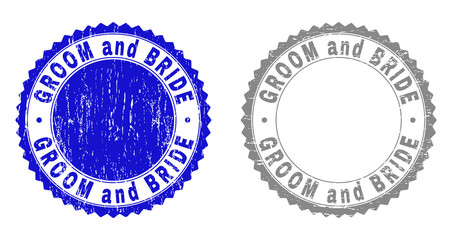 Grunge GROOM AND BRIDE stamp seals isolated on a white background. Rosette seals with distress texture in blue and grey colors.