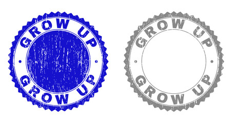 Obraz premium Grunge GROW UP stamp seals isolated on a white background. Rosette seals with grunge texture in blue and grey colors. Vector rubber watermark of GROW UP tag inside round rosette.