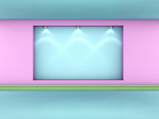 3d illustration of minimalism empty pink niche with spotlights for exhibit in blue interior