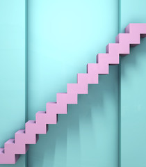 Minimal pastel colored 3d illustration of pink ladder with steps near a blue wall background